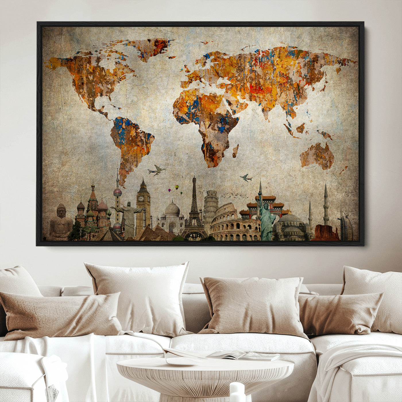 Push Pin World Map Canvas Print – Framed Wall Art for Couples to Track Their Travels – Anniversary Gift or Home Adventure Decor