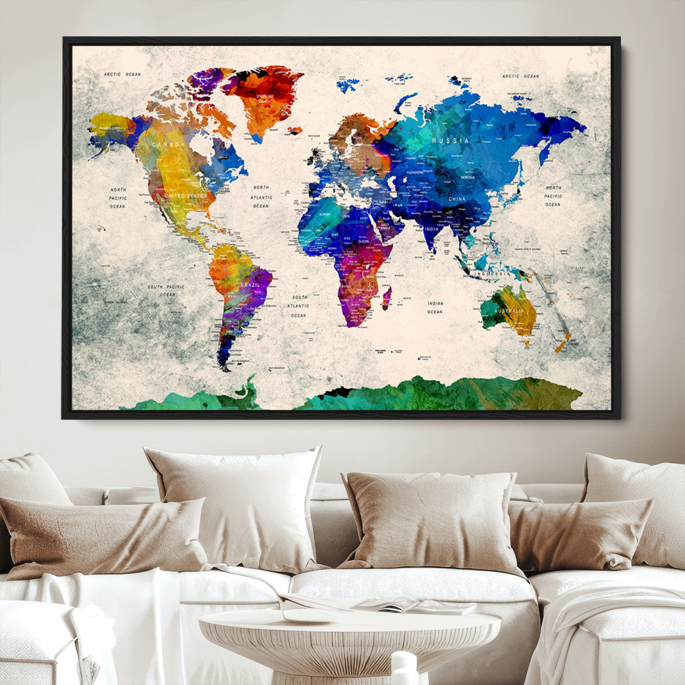 Push Pin World Map Canvas Print – Framed Wall Art for Couples to Track Their Travels – Anniversary Gift or Home Adventure Decor