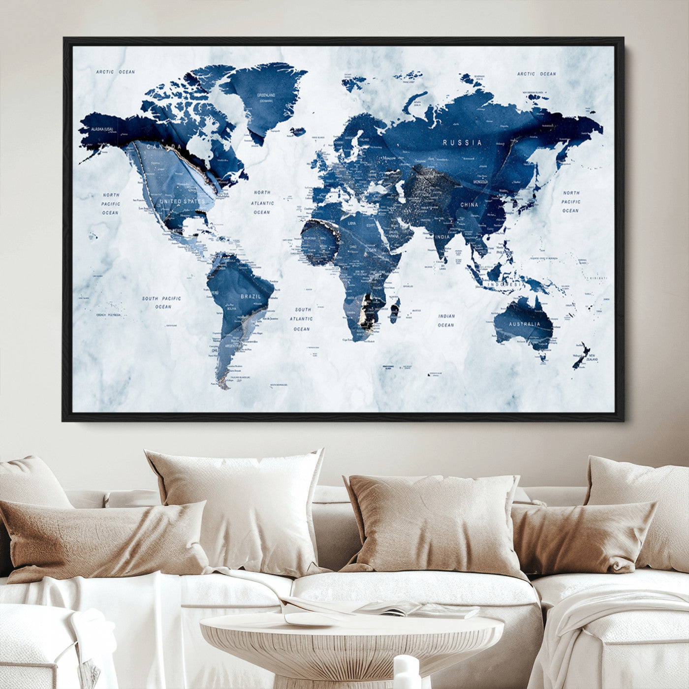 Push Pin World Map Canvas Print – Framed Wall Art for Couples to Track Their Travels – Anniversary Gift or Home Adventure Decor