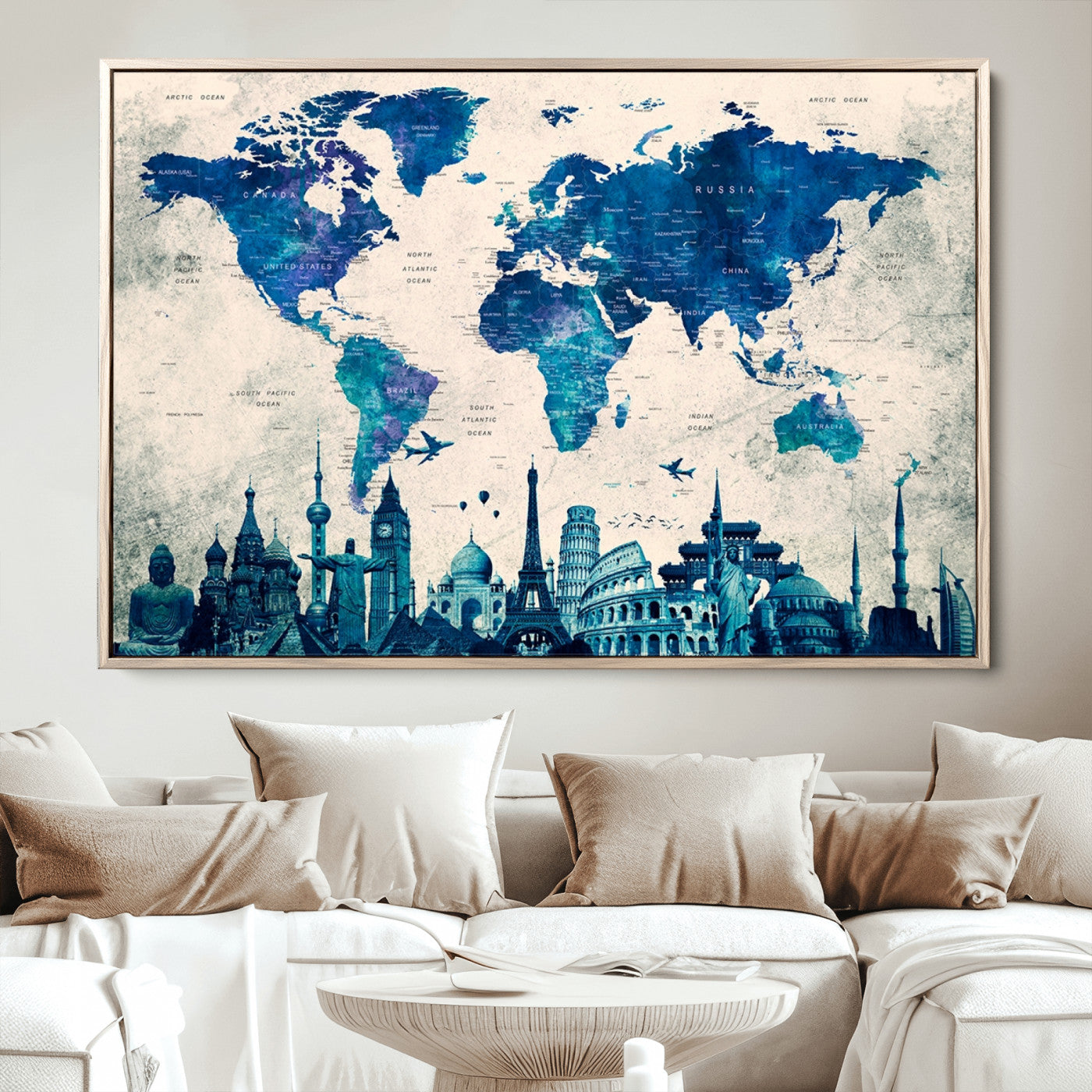 Navy Blue World Map Canvas Print, Wonder of World Map Push Pin Canvas Print