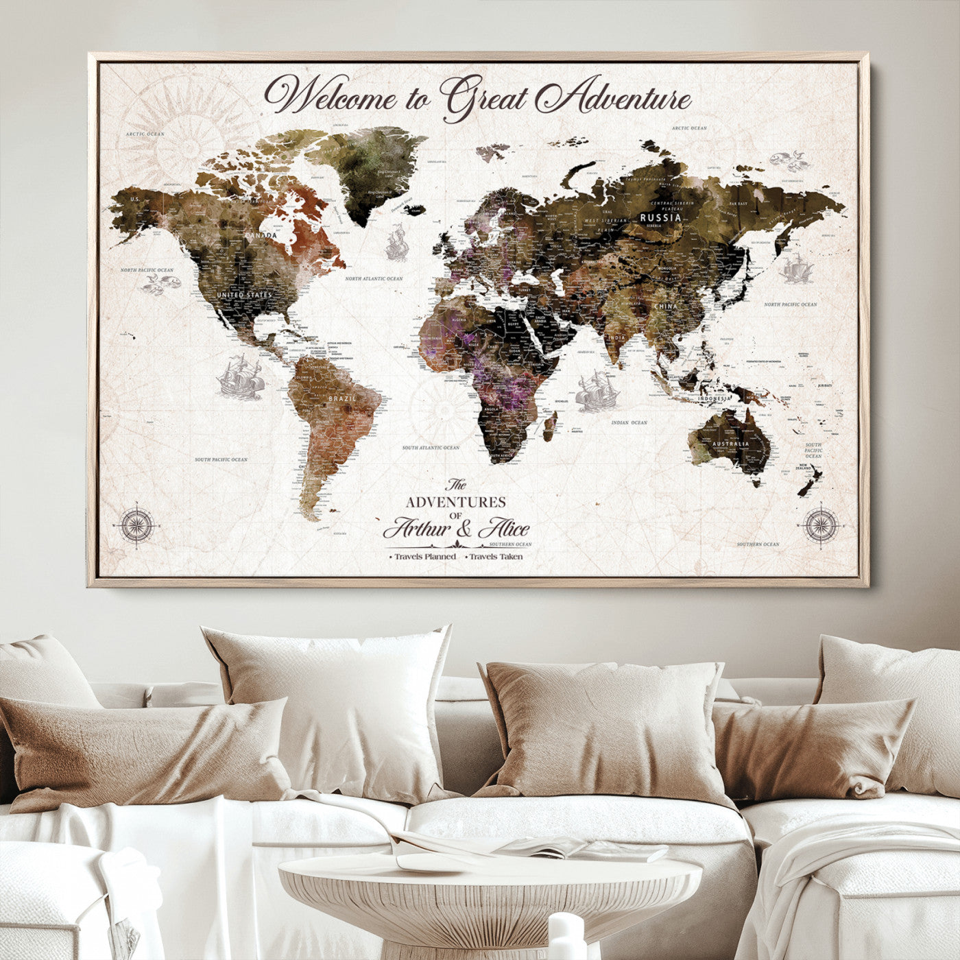 35778202-MGV-CV-36X24-Custom Push Pin World Map Wall Canvas Print – Personalized Travel Map with Pins – Framed Large Canvas for Home Office Decor