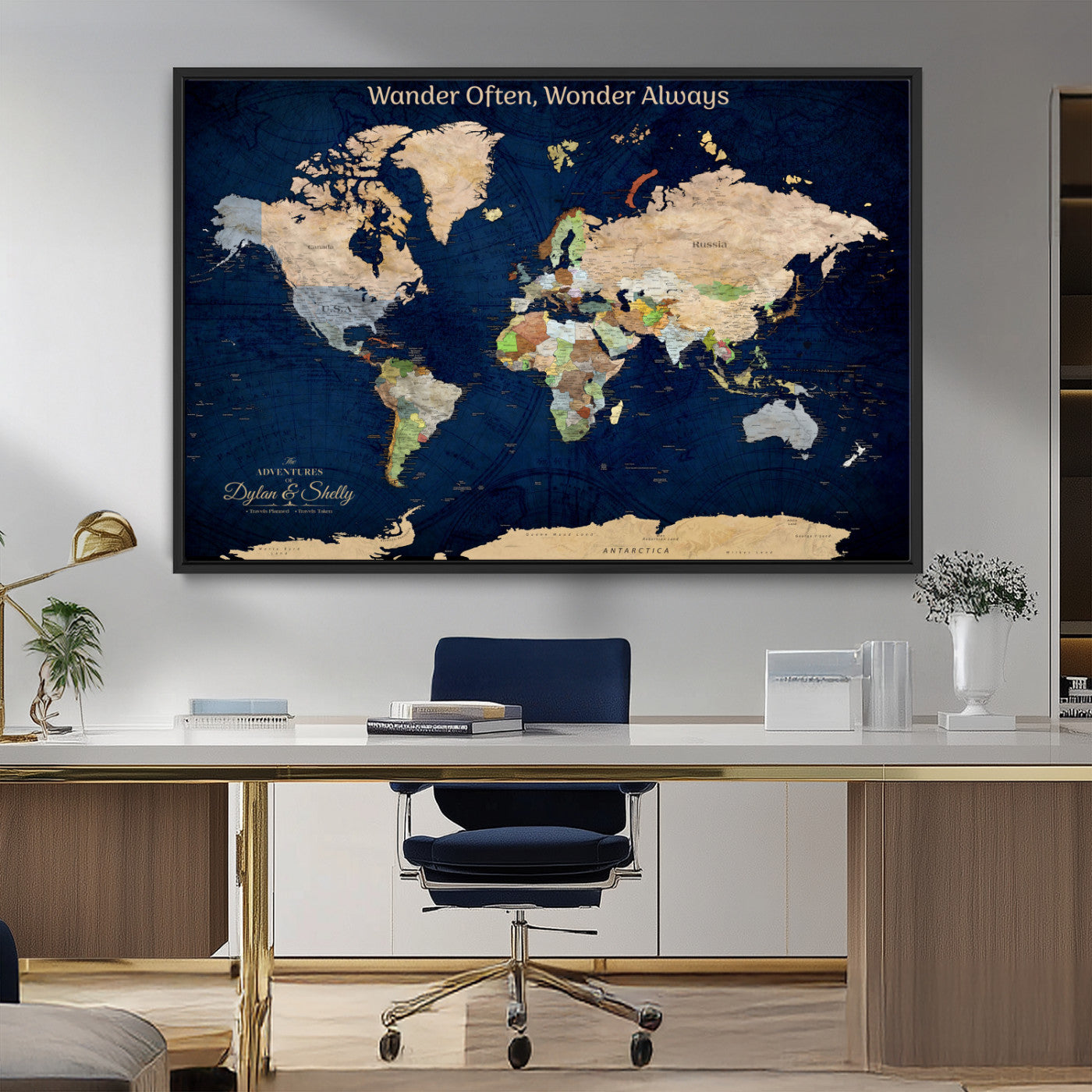 12399561-MGV-CV-30X20-Personalized World Map Print, Customizable Push Pin Framed World Map Print on Canvas - Custom Quote on Map Print
