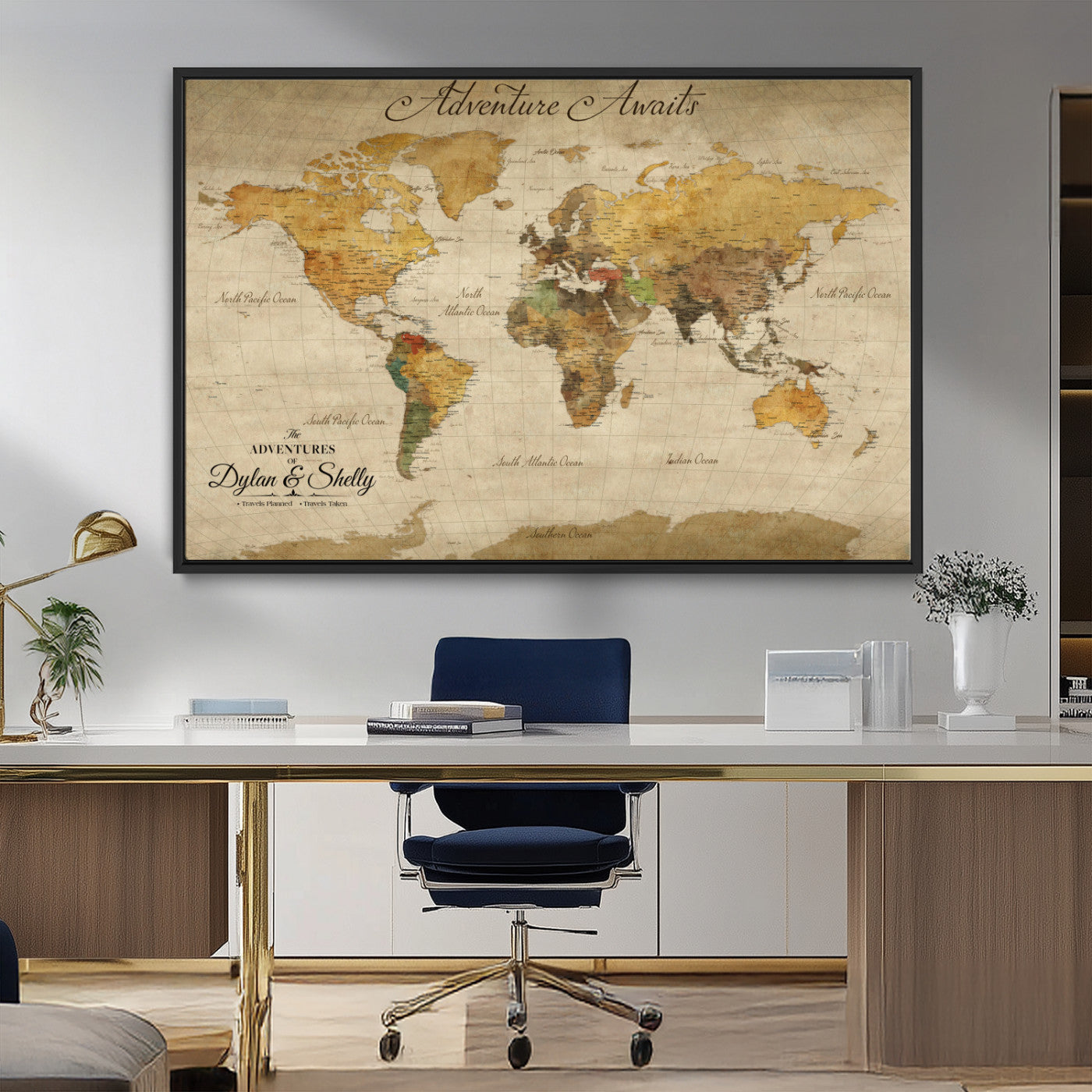 50298017-MGV-CV-36X24-Personalized World Map Print, Customizable Push Pin Framed World Map Print on Canvas - Custom Quote on Map Print