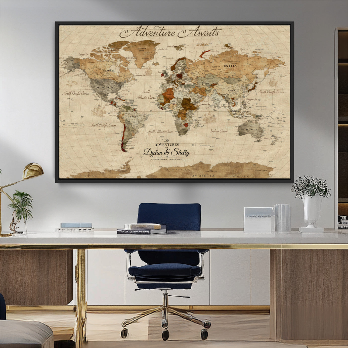 29054239-MGV-CV-36X24-Personalized World Map Print - Customizable Push Pin Framed World Map Print on Canvas - Custom Quote on Map Print