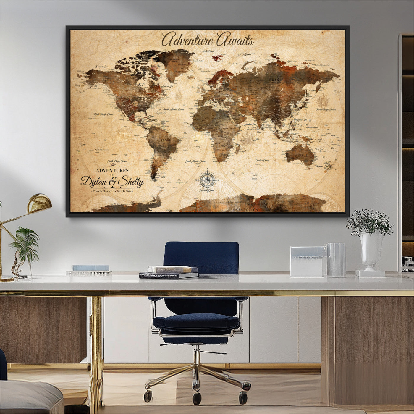 66357947-MGV-CV-36X24-Personalized World Map Print, Customizable Push Pin Framed World Map Print on Canvas - Custom Quote on Map Print
