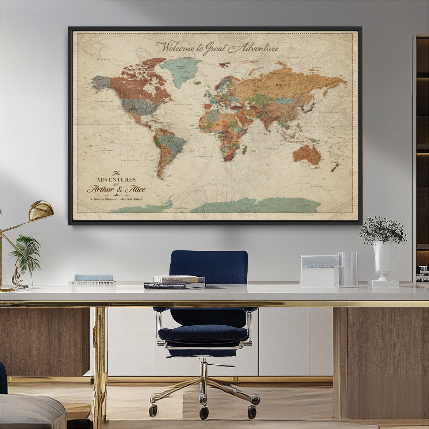 54152425-MGV-CV-36X24-Custom Push Pin World Map Wall Canvas Print – Personalized Travel Tracker with Pins – Framed Custom Map Quotie Canvas for Home Office Decor