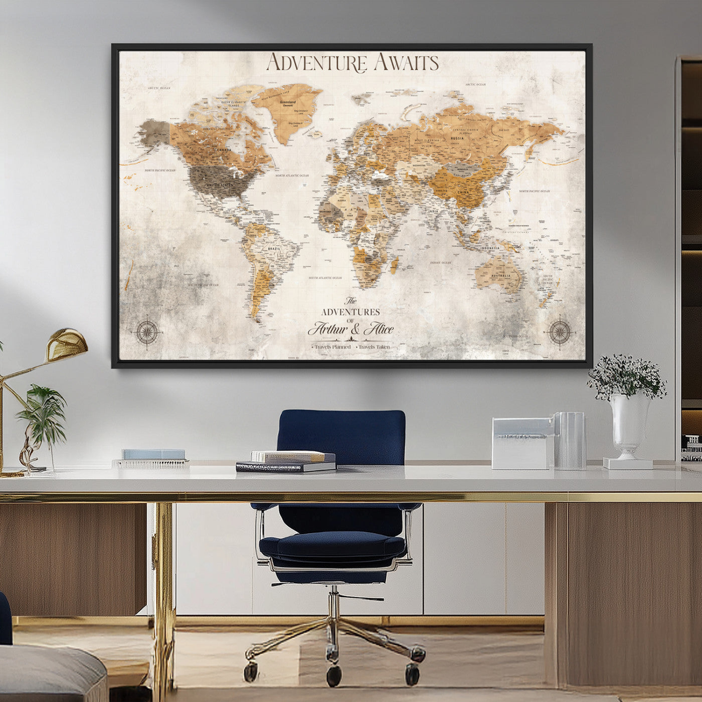 99422096-MGV-CV-30X20-Custom Push Pin World Map Wall Canvas Print – Personalized Travel Tracker with Pins – Framed Custom Quotie Canvas for Home Office Decor