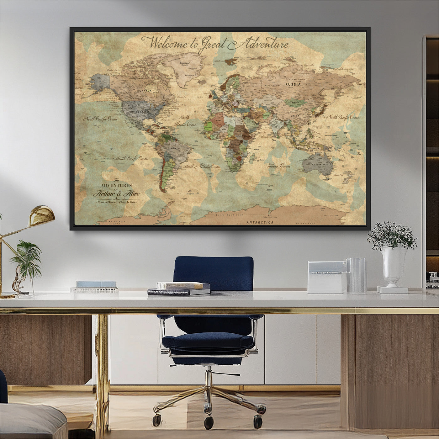 17693651-MGV-CV-36X24-Custom Push Pin World Map Wall Canvas Print – Personalized Travel Tracker with Pins – Framed Custom Quotie Canvas for Home Office Decor Art Print