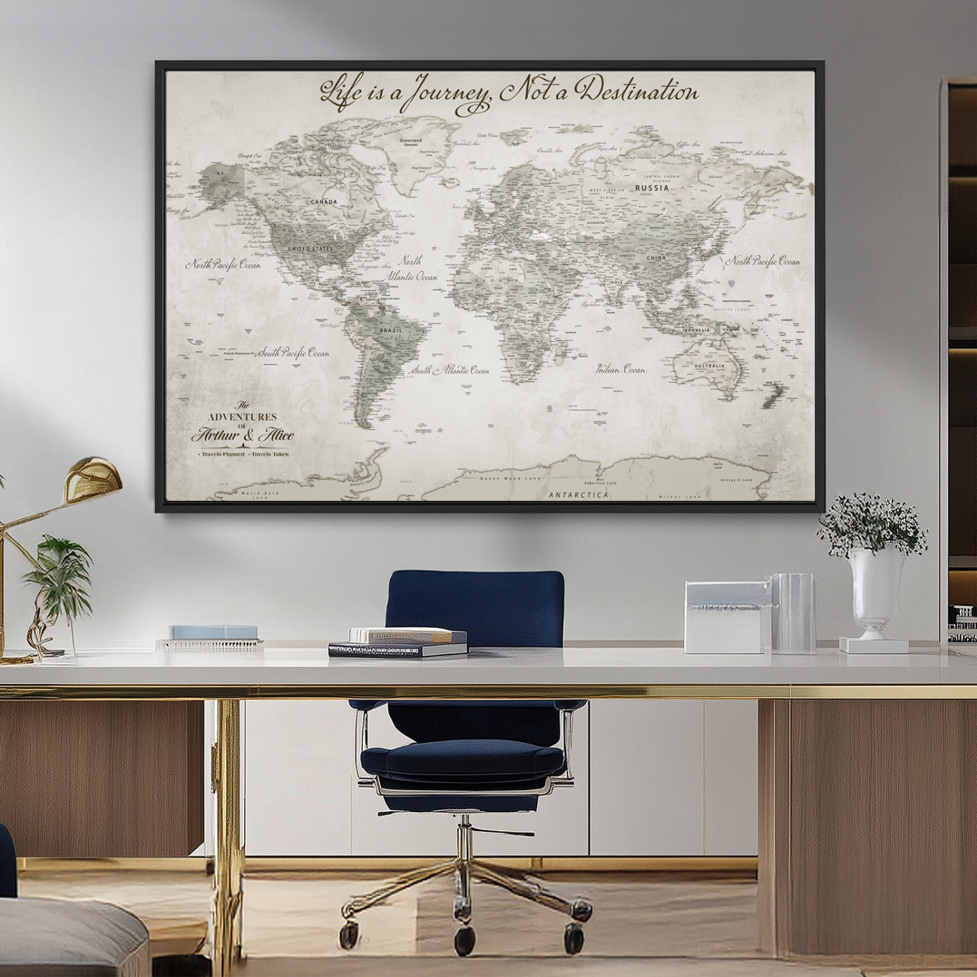 Custom Push Pin World Map Wall Canvas Print – Personalized Travel Tracker with Pins – Framed Custom Quotie Canvas for Home Office Decor