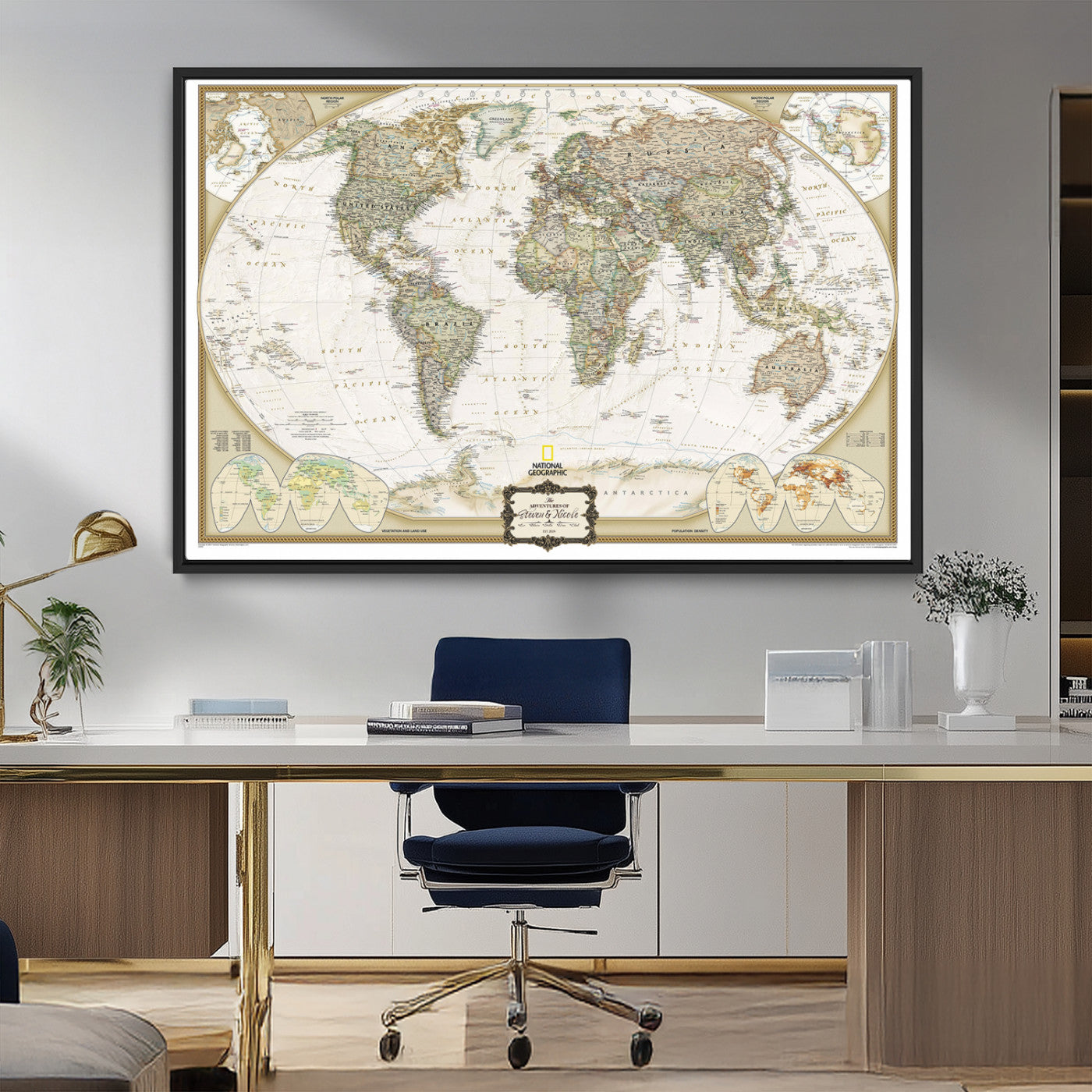 Custom Push Pin World Map Wall Art Canvas Print – Personalized National Geopraphic Map for Travel Plan – Framed Customize Animal Map for Stady Room Decor