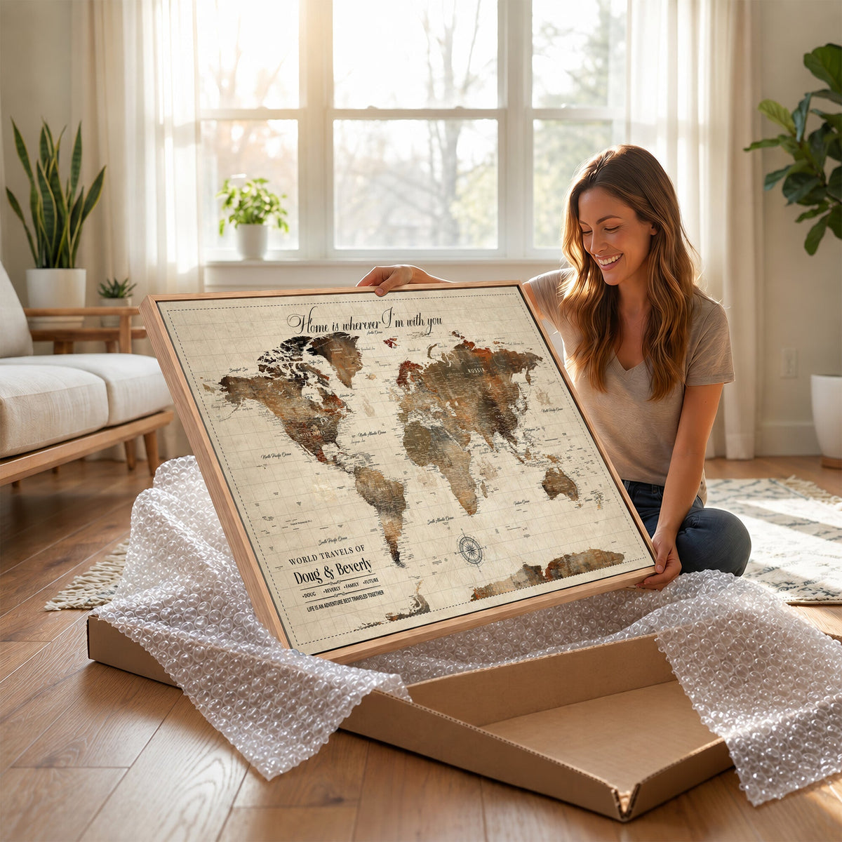 Large Custom Framed Beige Vintage World Travel Map Wall Art with Pins, Couples Countries Visited Map, Living Room and Hallway Decor
