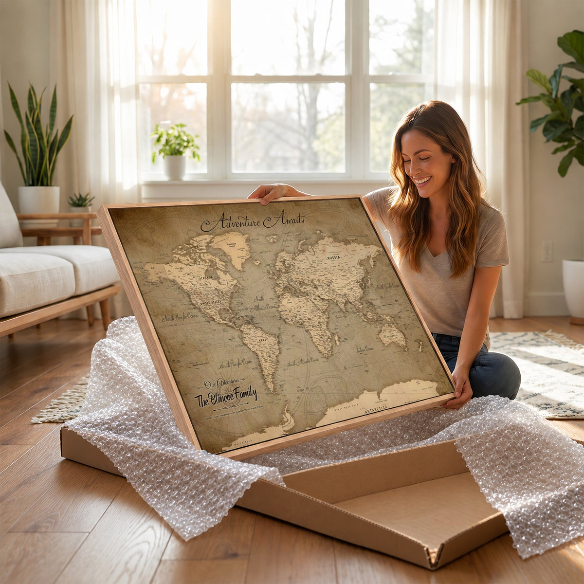 Personalized Framed Beige World Travel Map Wall Art with Pins, Family Travel Tracker, Family Room and Entryway Decor