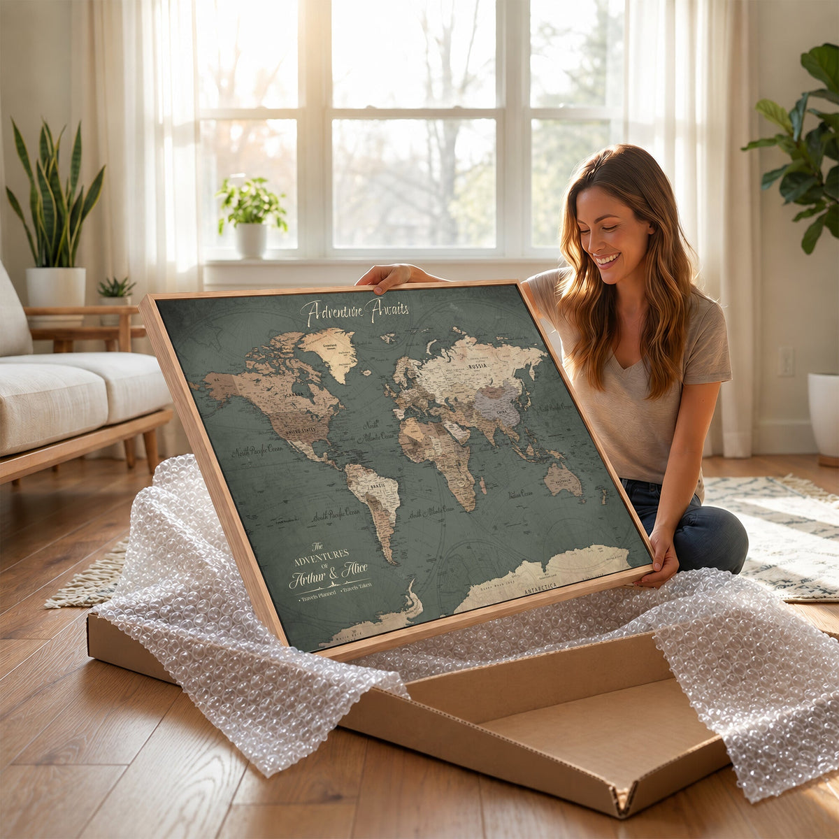 Personalized Framed Beige Modern World Map Canvas with Push Pins, Bucket List Map, Family Room and Dining Room Decor