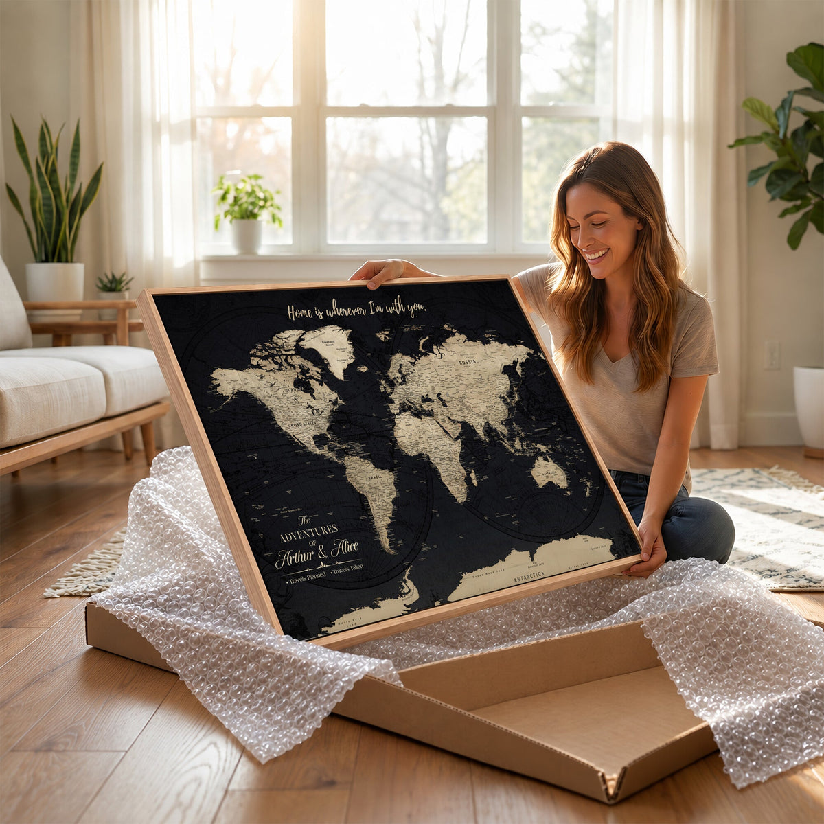 Personalized Framed Beige Modern Push Pin World Map Canvas Print, Places Visited Tracker, Family Room and Bedroom Decor