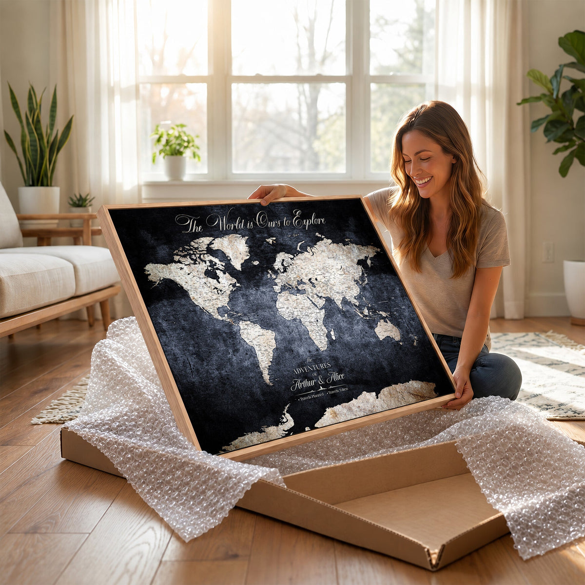 Personalized Beige Modern Push Pin Travel Map Canvas Print, Places Visited Tracker, Study and Entryway Decor