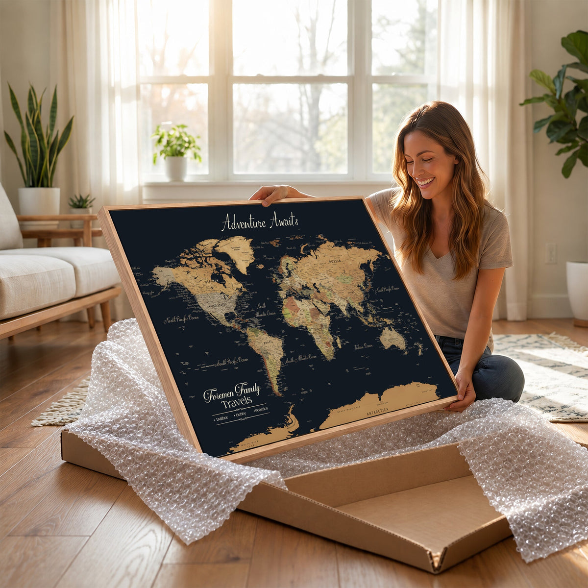 Personalized Framed Beige Geometric Family Push Pin World Map Canvas Print, Next Trip Planner Map, Family Room and Entryway Decor