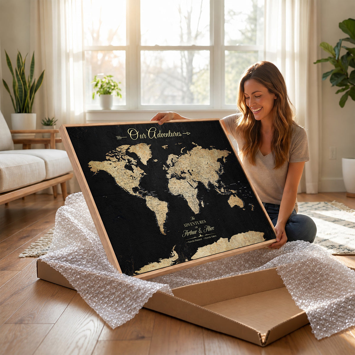 Personalized Framed Beige Push Pin World Map Canvas Print, Family Travel Tracker, Bedroom and Home Office Decor