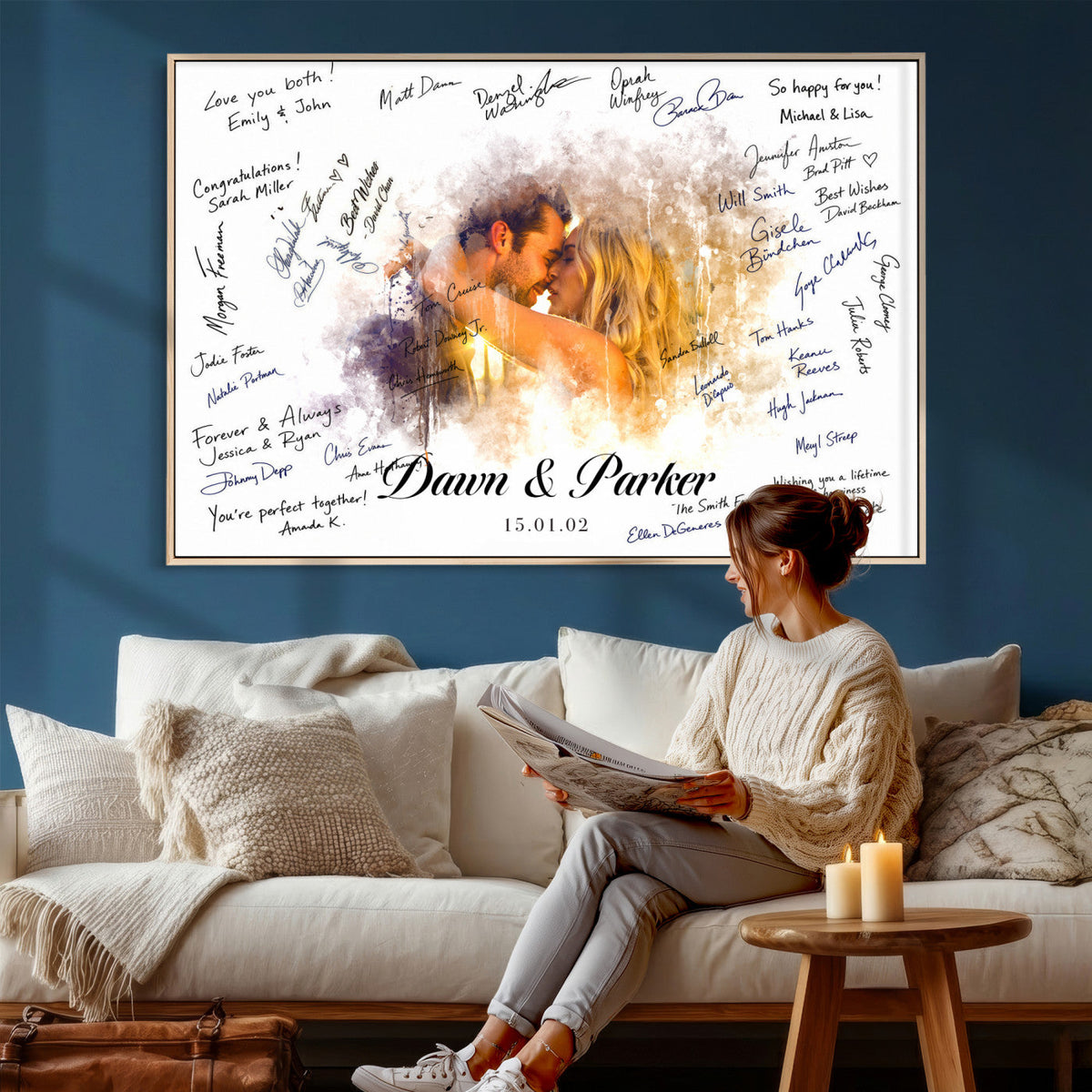 74713307-MGV-CV-36X24 - Wedding Guest Book Alternative Wall Art Canvas Print, Personalized Couple Photo Guestbook Wedding Signature Poster, Custom Couple Photo Guestbook Canvas, Bridal Shower Reception Decor