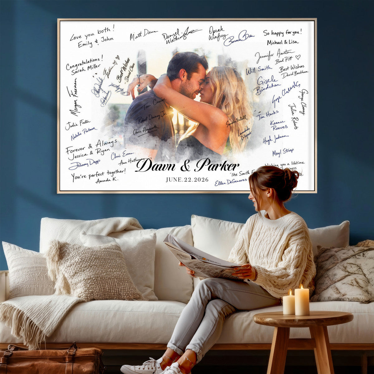 14788122-MGV-CV-36X24 - Wedding Guest Book Alternative Wall Art Canvas Print, Personalized Couple Photo Guestbook Wedding Signature Poster, Custom Couple Photo Guestbook Canvas, Bridal Shower Reception Decor