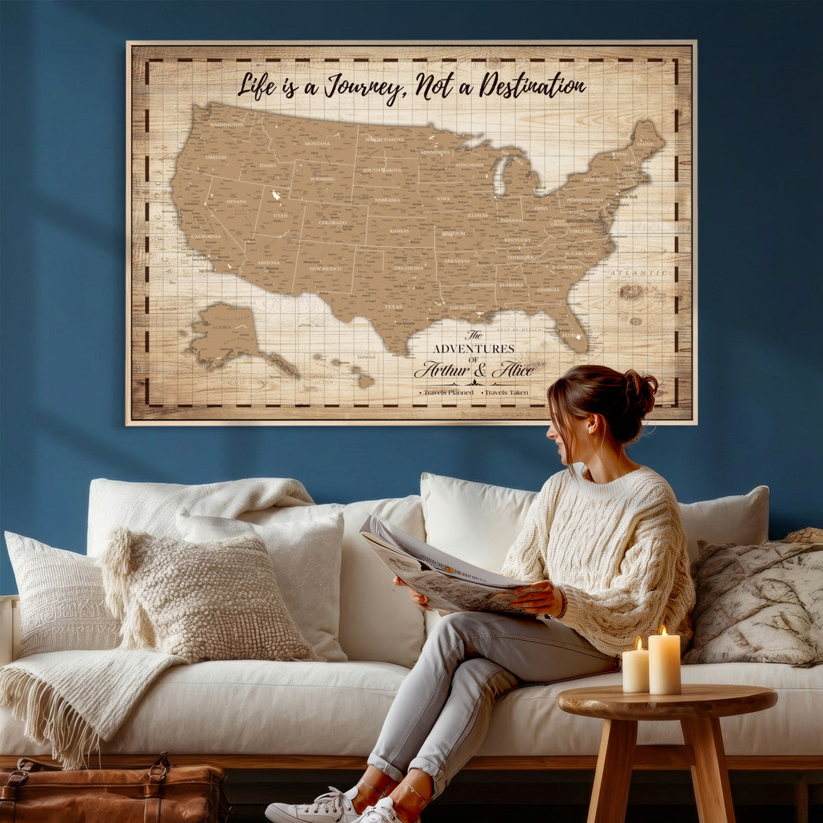19102499-MGV-CV-36X24 - Personalized USA Push Pin Travel Map, Custom United States Map, Push Pin Map, USA Bucket List Map, Anniversary Gift | Couple Travel Map Wall Art