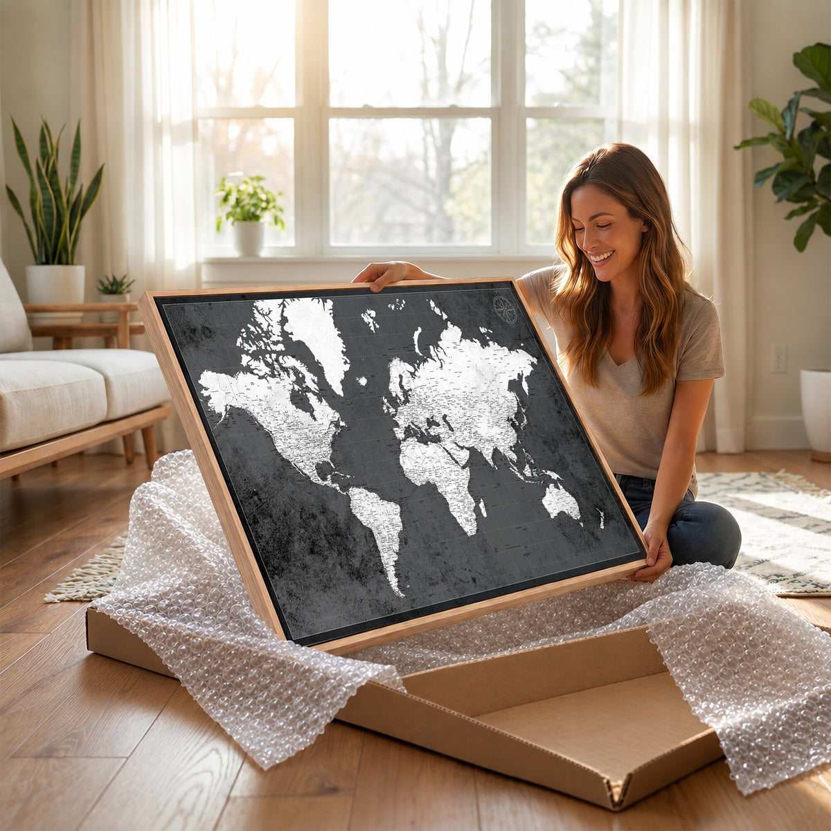 78574966-MGV-CV-36X24 - Extra Large Framed Personalize Push Pin World Map Wall Art Canvas Print for Travel Tracking - NEWMAP-128