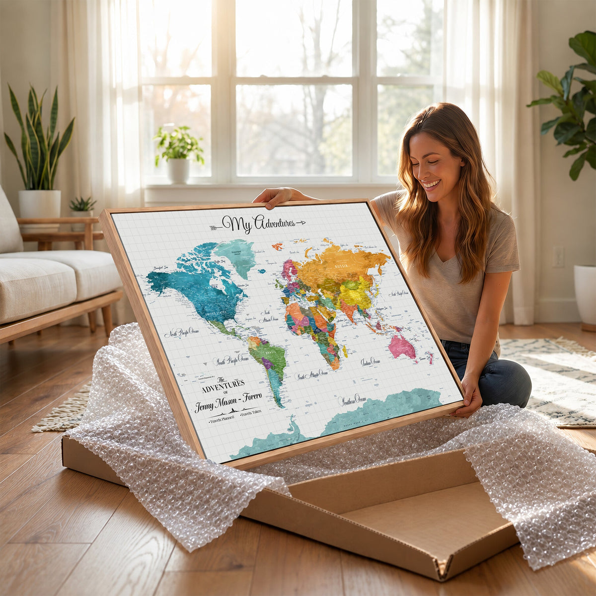 66743043-MGV-CV-36X24 - Extra Large Framed Personalize Push Pin World Map Wall Art Canvas Print for Travel Tracking - NEWMAP-131