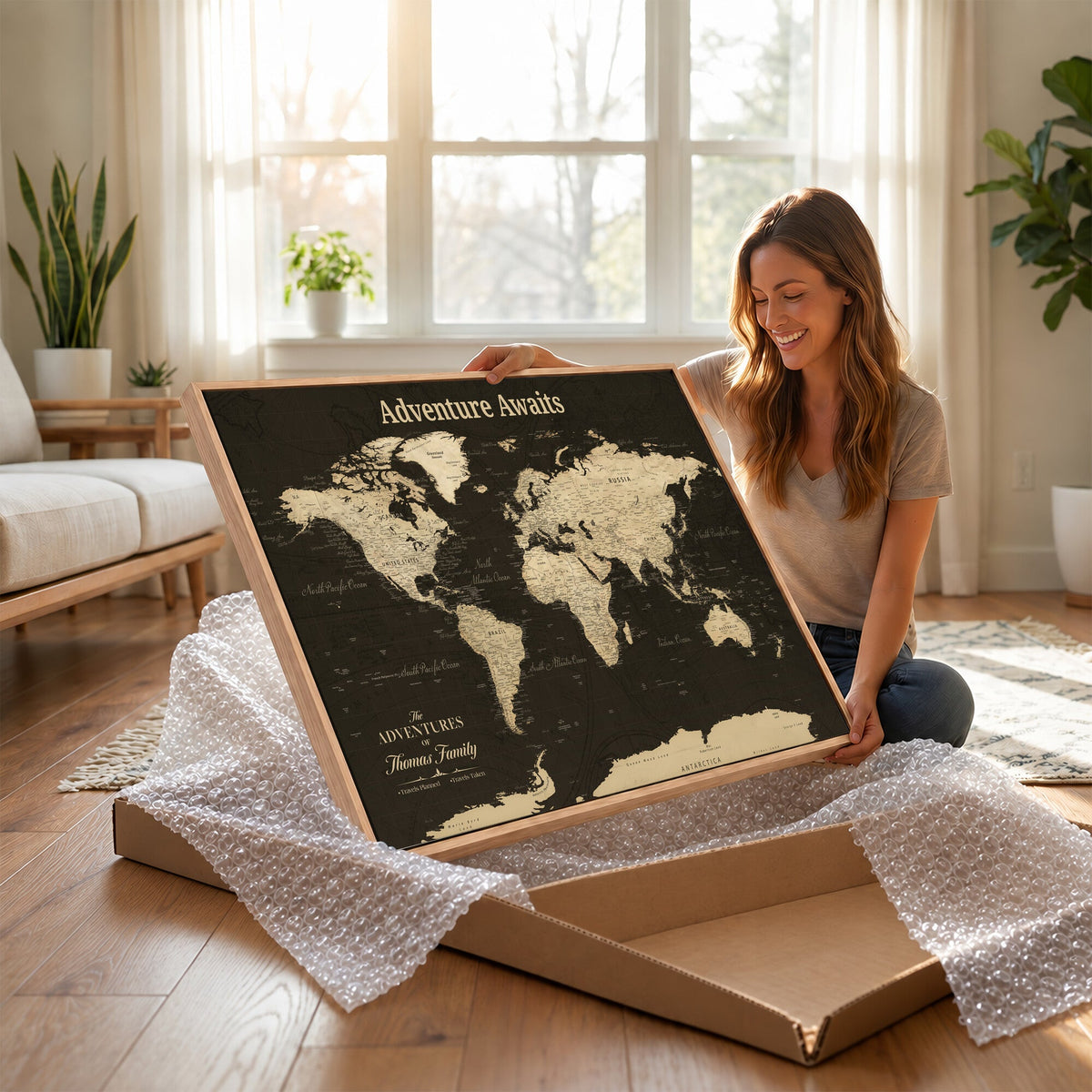 Custom Beige Modern World Travel Map Wall Art with Pins, Family Travel Tracker, Dining Room and Entryway Decor