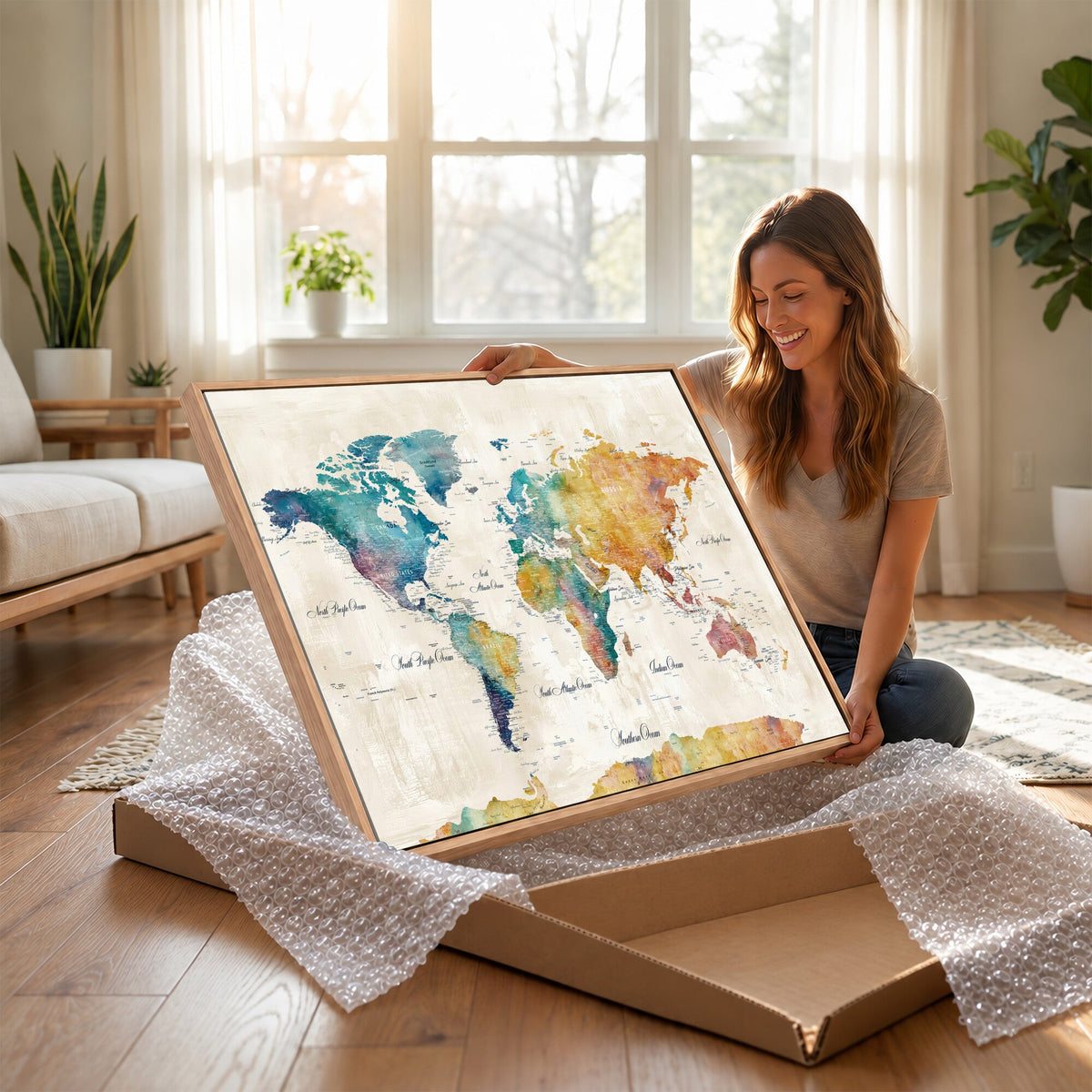 53654999D-MGV-CV-36X24 - Custom Push Pin World Map Wall Art Canvas Print – Personalized Travel Tracker with Pins Framed Large for Home and Office Decor