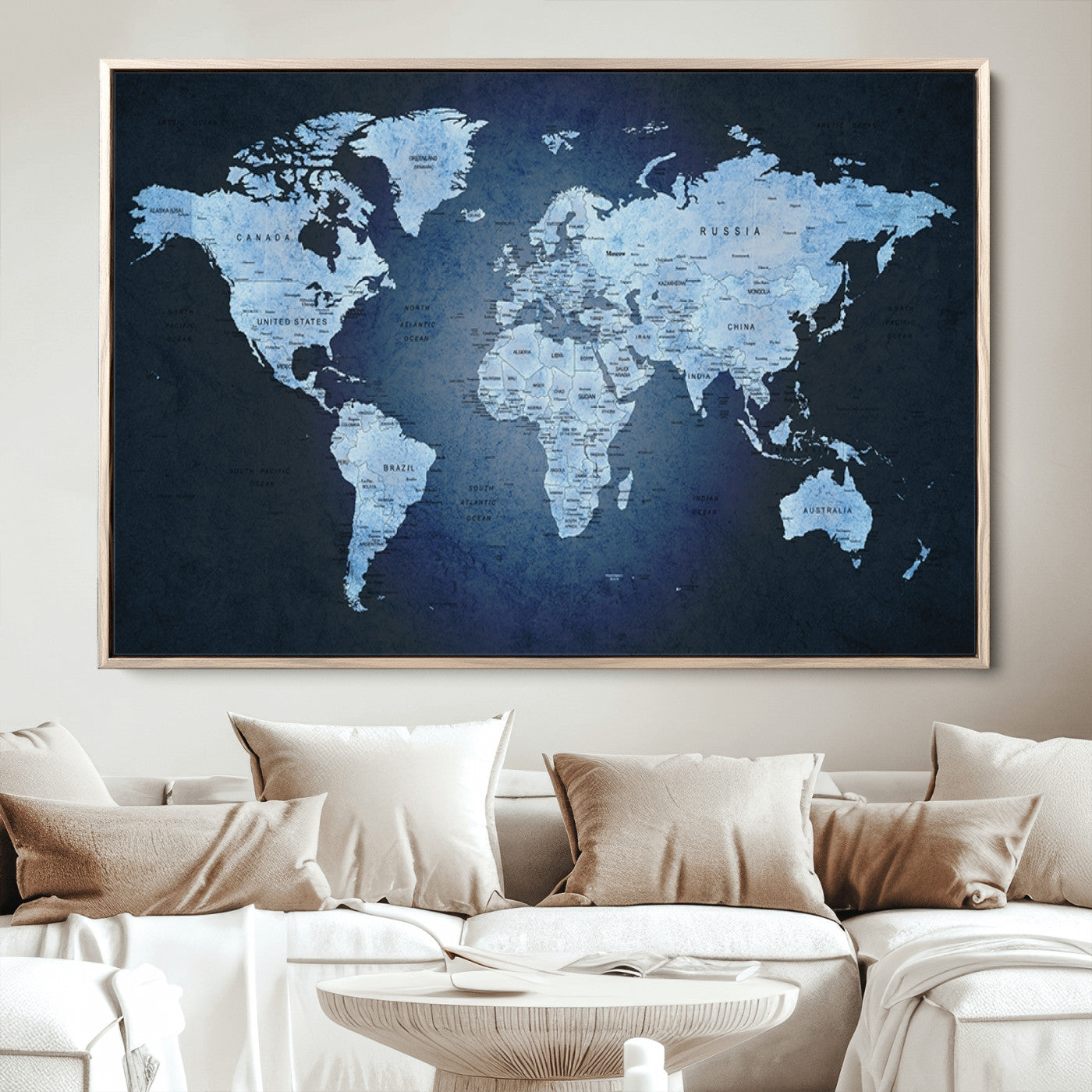 Push Pin World Map Canvas Print – Framed Wall Art for Couples to Track Their Travels – Anniversary Gift or Home Adventure Decor