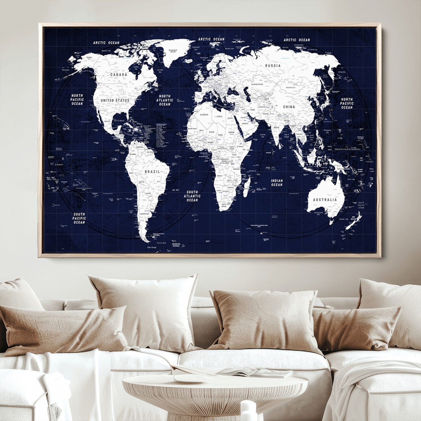 Push Pin World Map Canvas Print – Framed Wall Art for Couples to Track Their Travels – Anniversary Gift or Home Adventure Decor