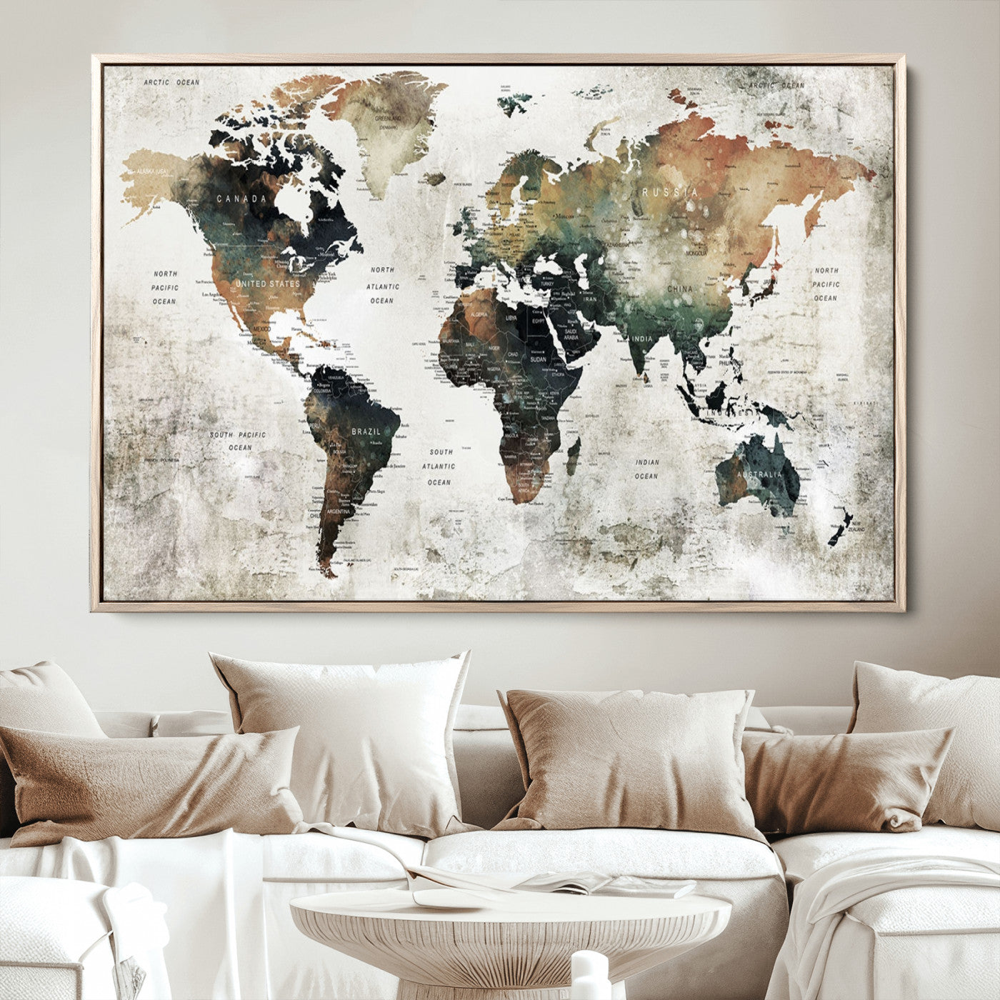 Push Pin World Map Canvas Print – Framed Wall Art for Couples to Track Their Travels – Anniversary Gift or Home Adventure Decor