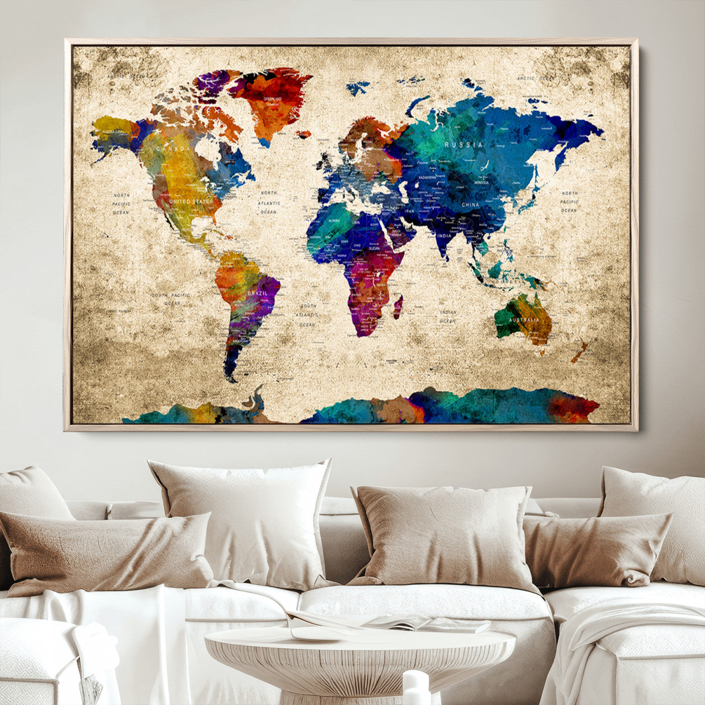 Push Pin World Map Canvas Print – Framed Wall Art for Couples to Track Their Travels – Anniversary Gift or Home Adventure Decor