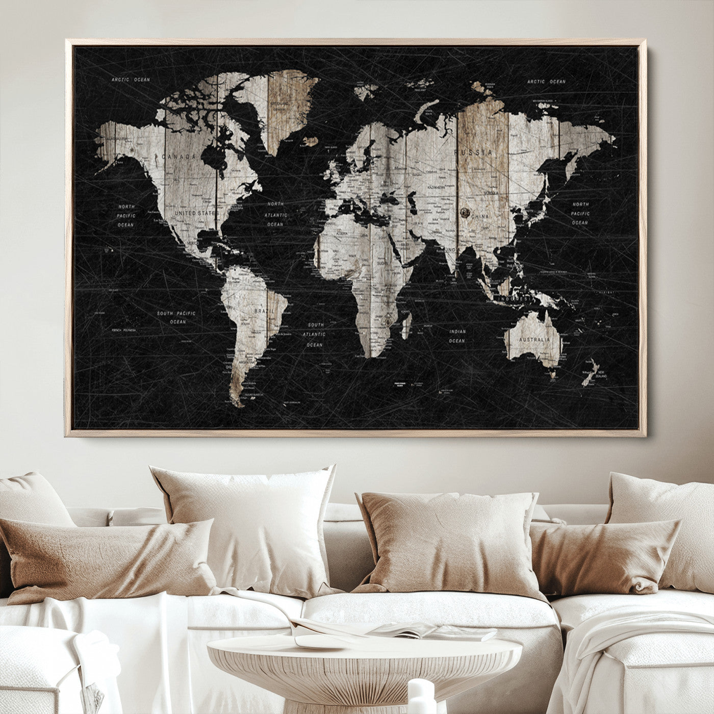 Push Pin World Map Canvas Print – Framed Wall Art for Couples to Track Their Travels – Anniversary Gift or Home Adventure Decor