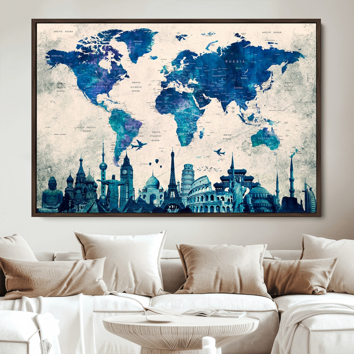 Navy Blue World Map Canvas Print, Wonder of World Map Push Pin Canvas Print