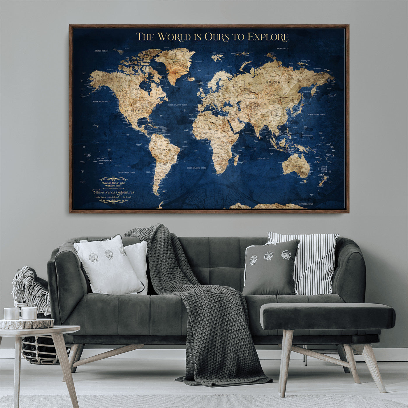 Custom World Map Wall Art – Personalized Framed Canvas Print with Push Pins for Travel Tracking, Anniversary or Couple Gift Ideas - H2-2