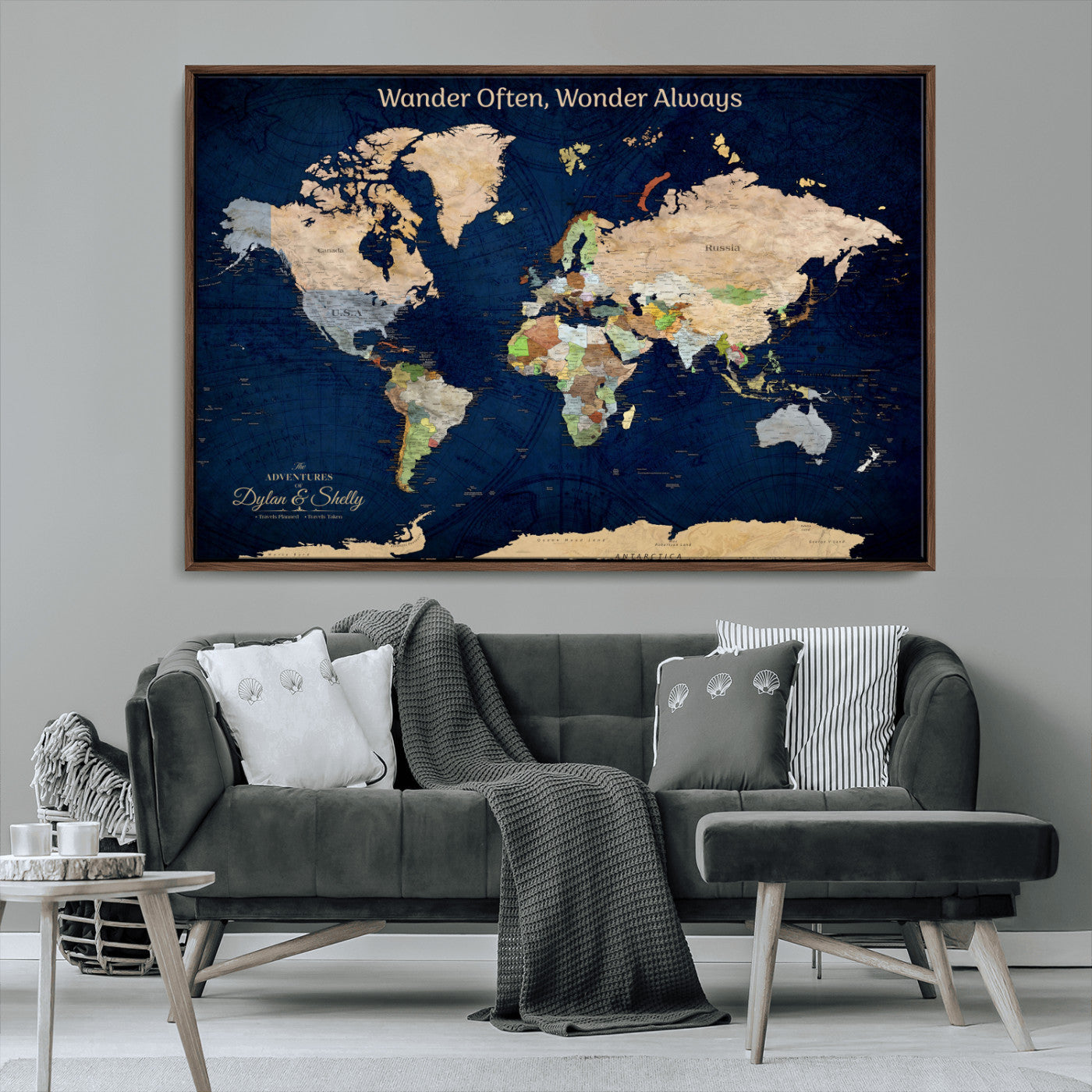 12399561-MGV-CV-30X20-Personalized World Map Print, Customizable Push Pin Framed World Map Print on Canvas - Custom Quote on Map Print