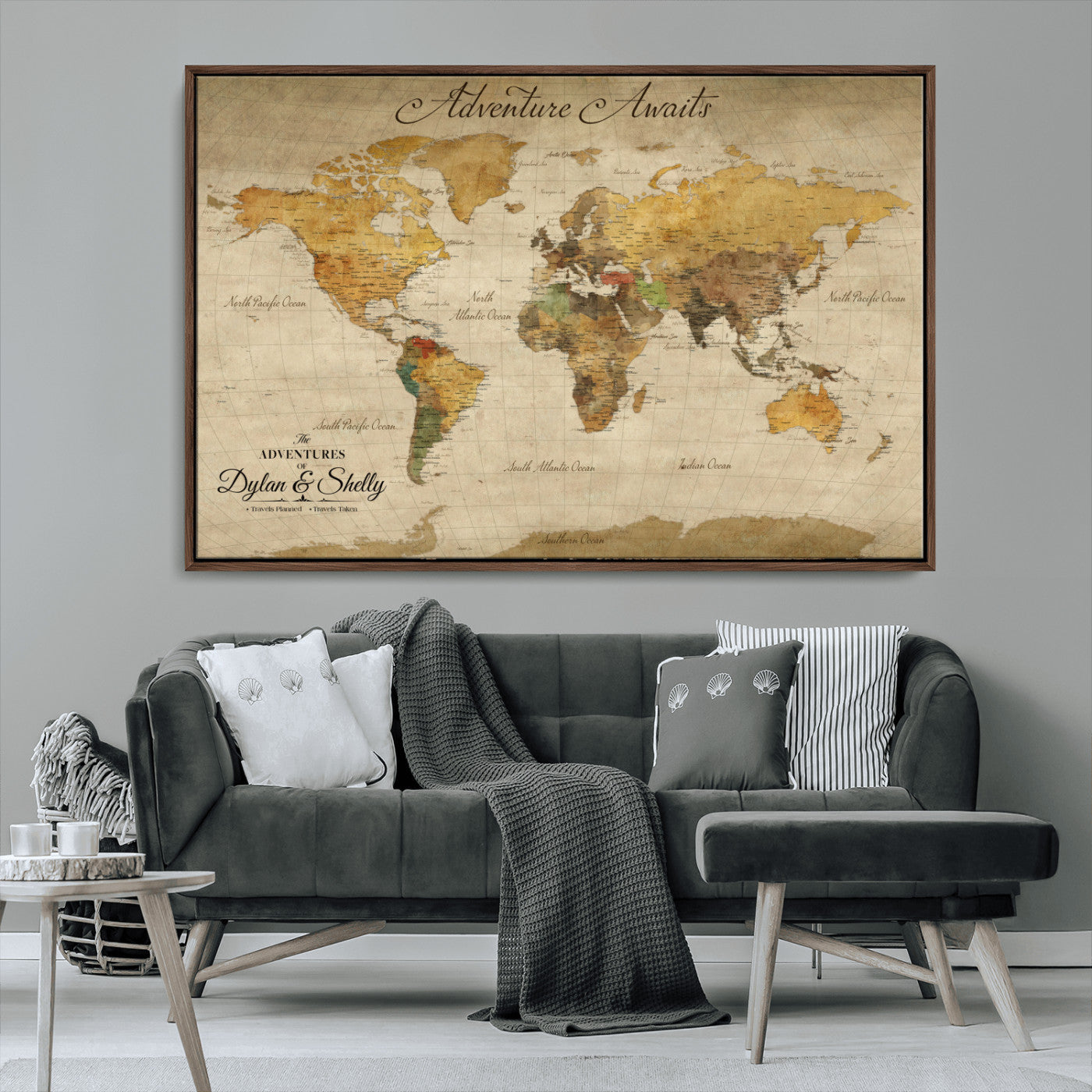 50298017-MGV-CV-36X24-Personalized World Map Print, Customizable Push Pin Framed World Map Print on Canvas - Custom Quote on Map Print