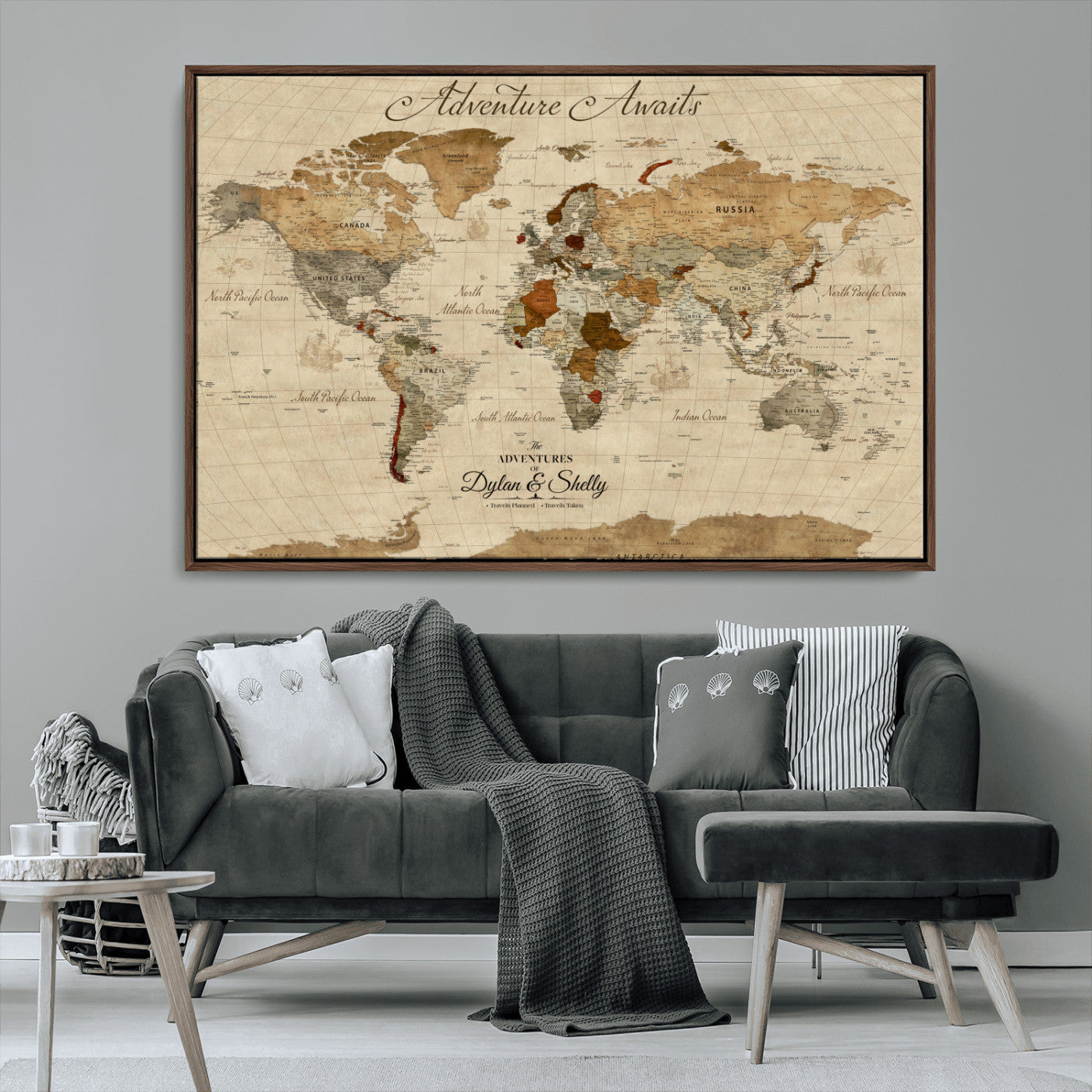 29054239-MGV-CV-36X24-Personalized World Map Print - Customizable Push Pin Framed World Map Print on Canvas - Custom Quote on Map Print
