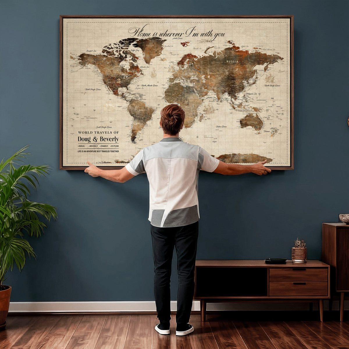 Large Custom Framed Beige Vintage World Travel Map Wall Art with Pins, Couples Countries Visited Map, Living Room and Hallway Decor