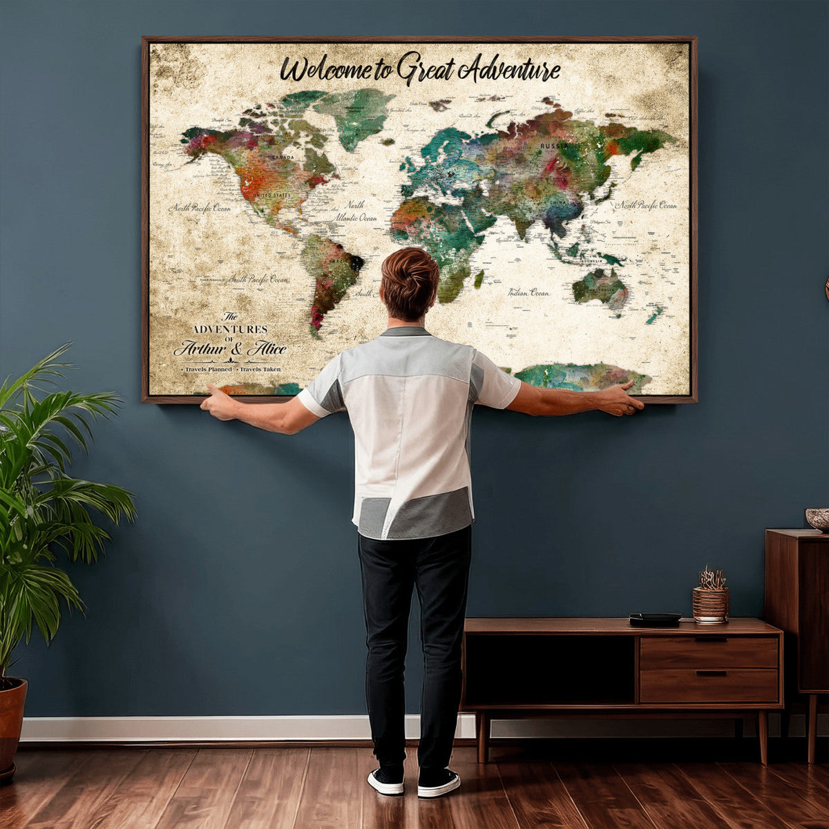 Personalized Beige Grunge World Map Canvas with Push Pins, Next Trip Planner Map, Family Room and Home Office Decor