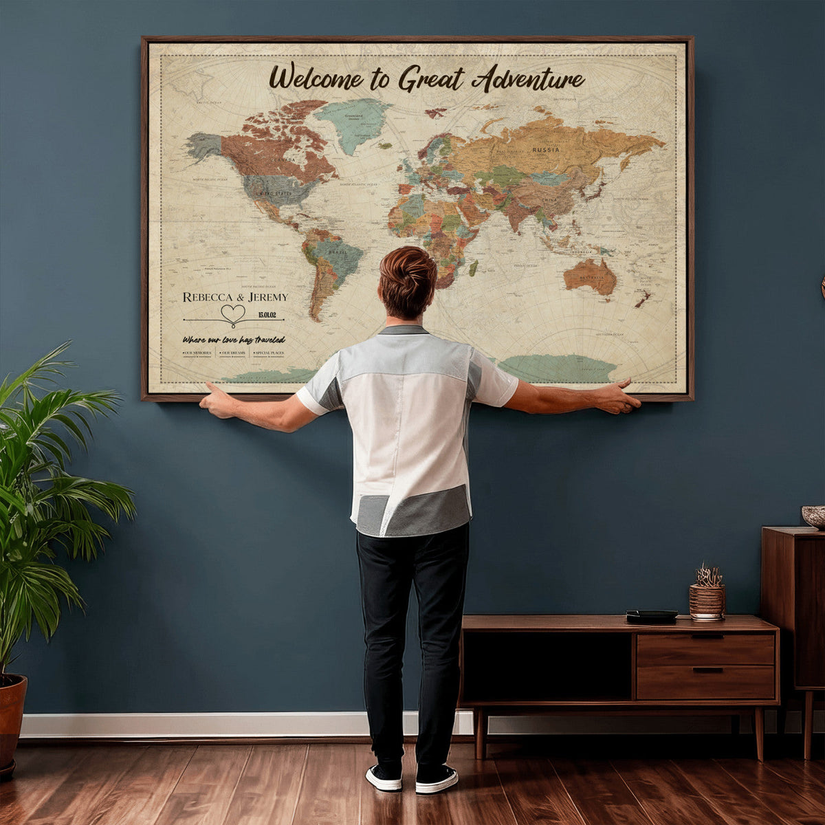 Large Personalized Beige Minimalist Push Pin World Map Wall Art, Next Trip Planner Map, Bedroom and Home Office Decor