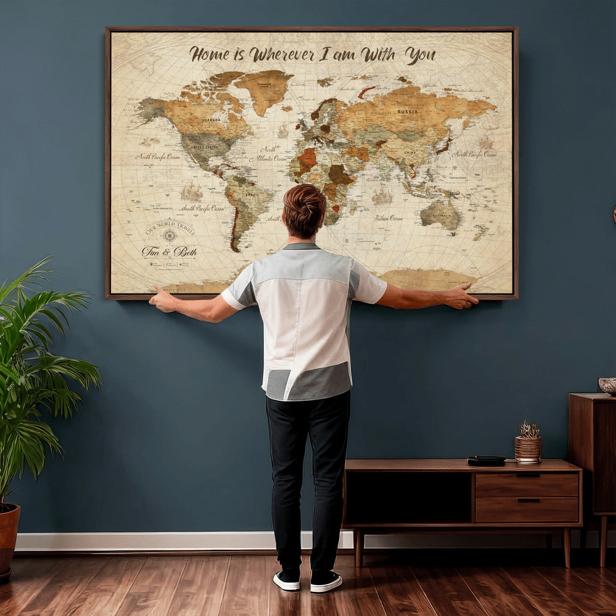 Personalized Framed Black Modern Push Pin World Map Wall Art, Couples Countries Visited Map, Dining Room and Hallway Decor