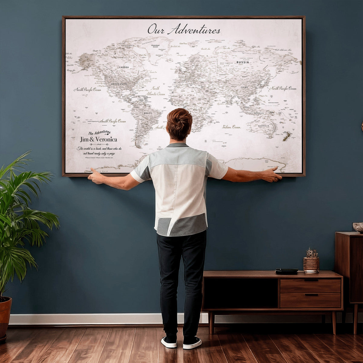 Personalized Beige Vintage World Travel Map Wall Art with Pins, Honeymoon and Anniversary Gift, Entryway and Hallway Decor