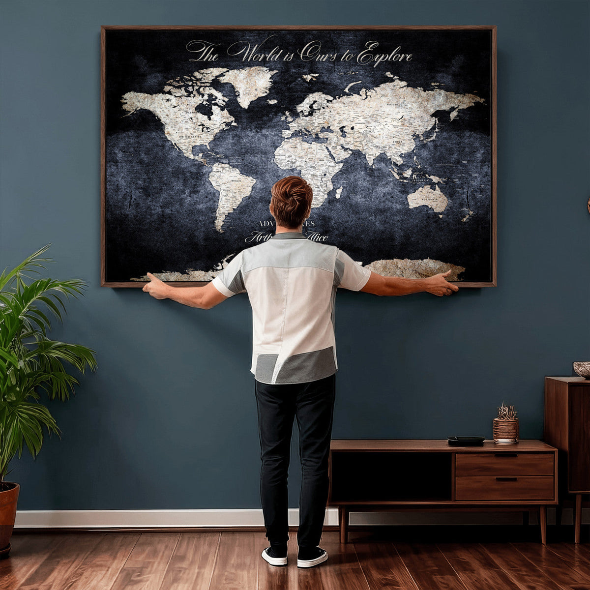 Personalized Beige Modern Push Pin Travel Map Canvas Print, Places Visited Tracker, Study and Entryway Decor