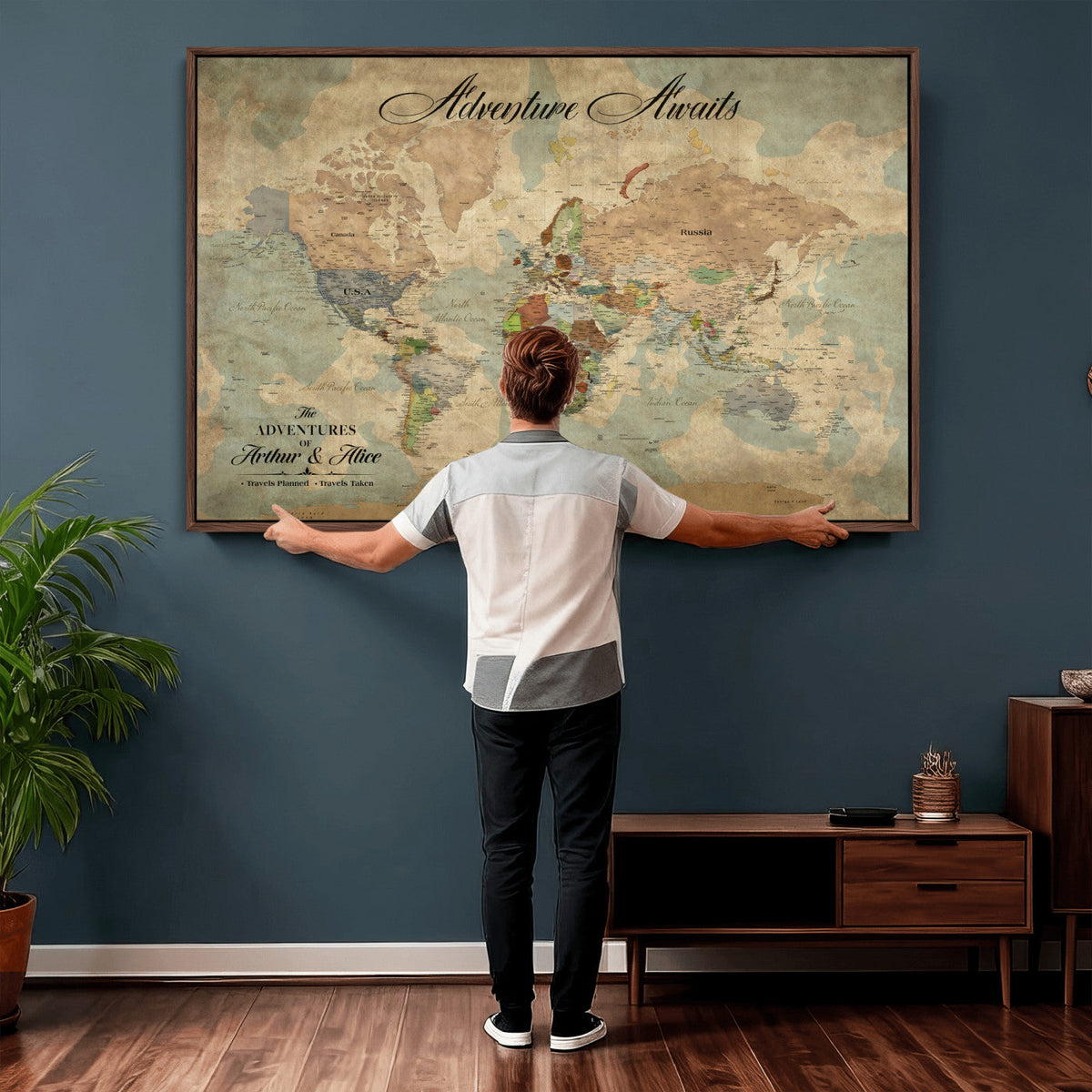 Custom Beige World Travel Map Wall Art with Pins, Bucket List Map, Dining Room and Study Decor