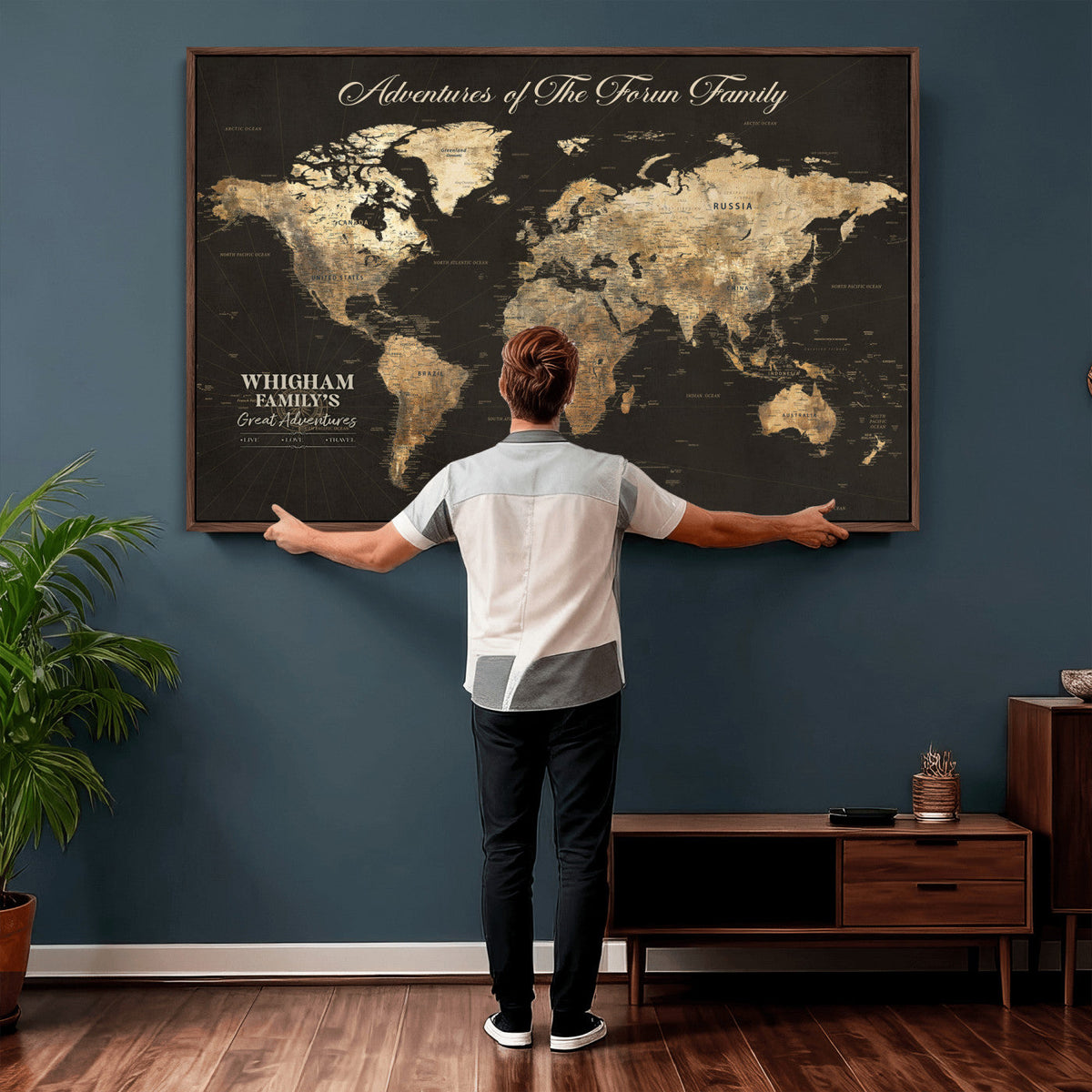 Personalized Framed Beige World Travel Map Wall Art with Pins, Couples Countries Visited Map, Family Room and Dining Room Decor