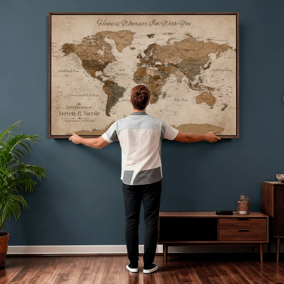 Personalized Framed Beige World Map Canvas with Push Pins, Honeymoon and Anniversary Gift, Living Room and Hallway Decor