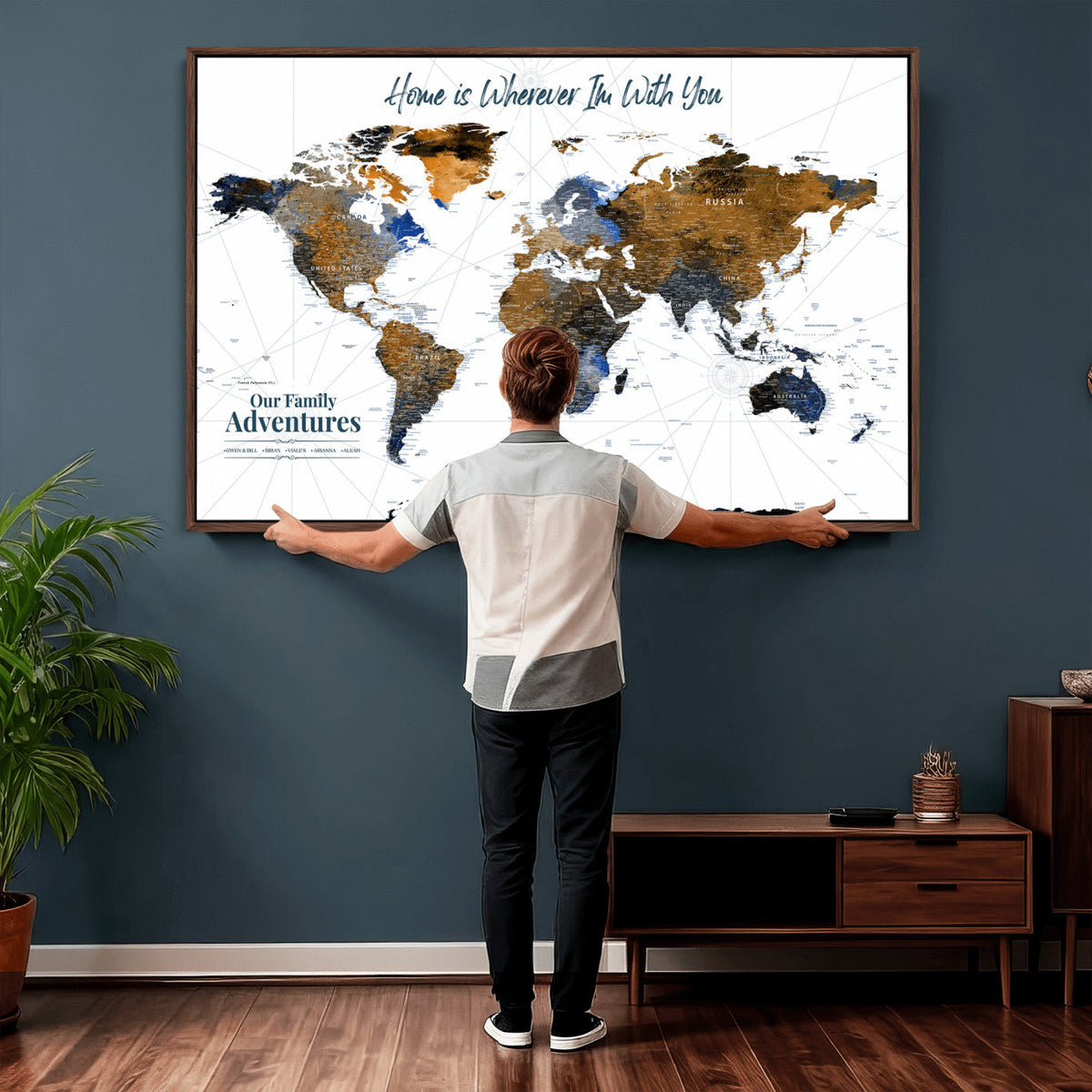 Personalized Framed Beige Modern Push Pin World Map Wall Art, Next Trip Planner Map, Family Room and Home Office Decor