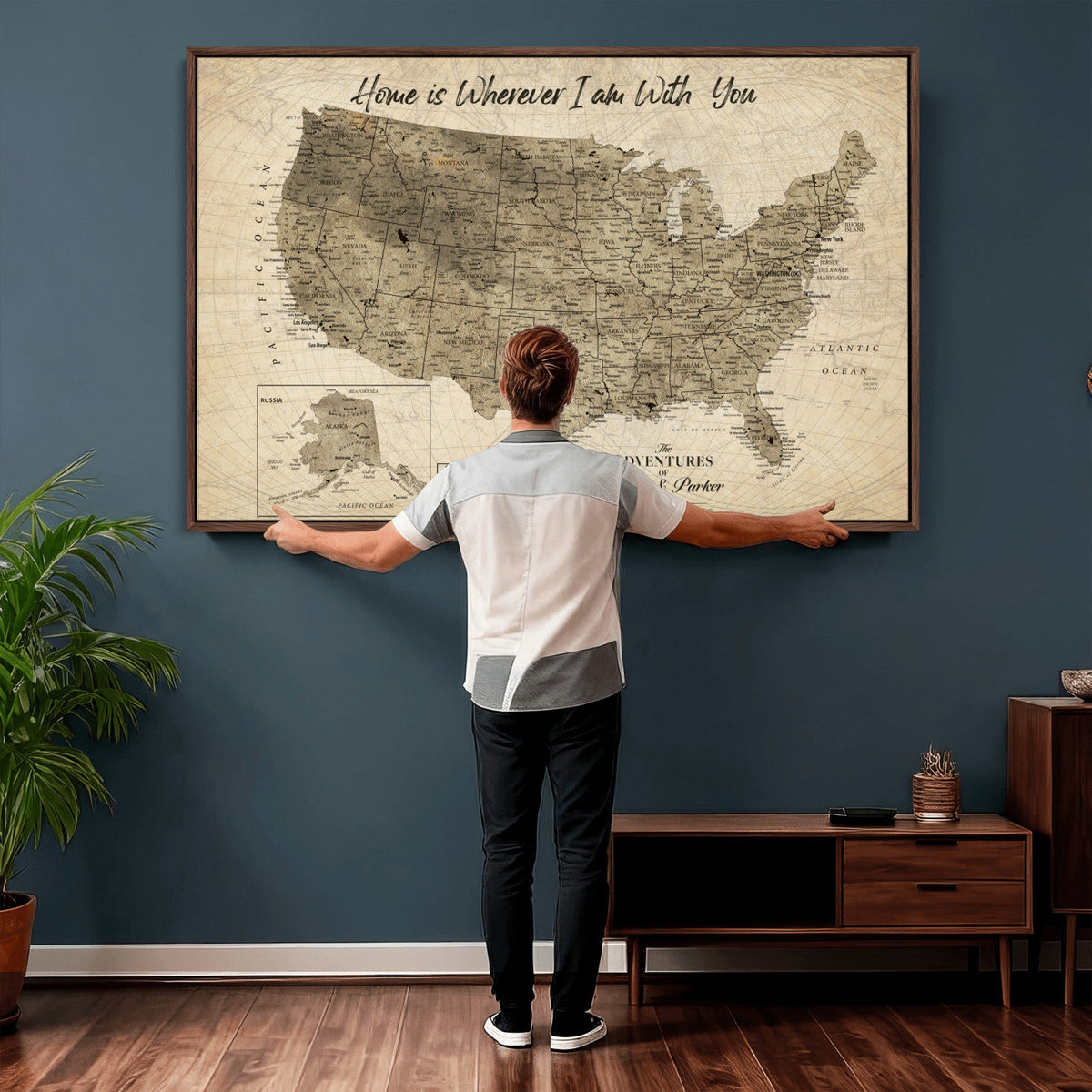 25440520-MGV-CV-36X24 - Detailed Personalized Push Pin United States Map Wall Art, States Visited Map, Office and Hallway Decor
