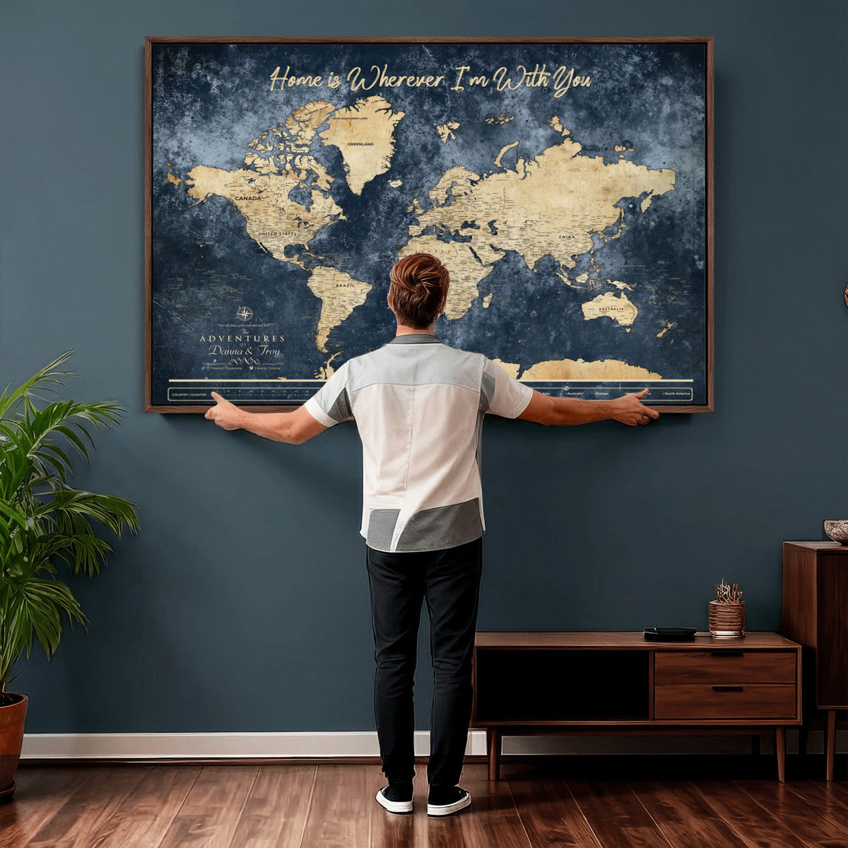 400867BL-MGV-CV-36X24 - Framed Blue Custom Push Pin World Map Canvas Print | Personalized Travel Map Wall Art